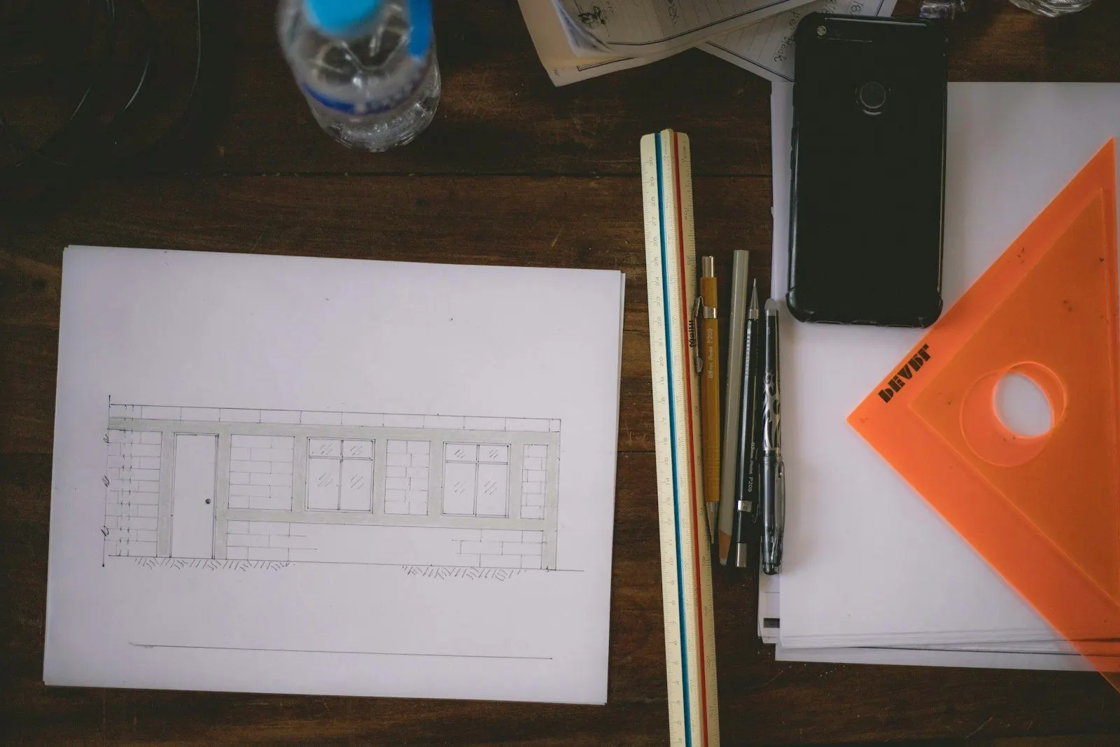 Plano de construcción sobre la mesa con escuadra e instrumentos de dibujo