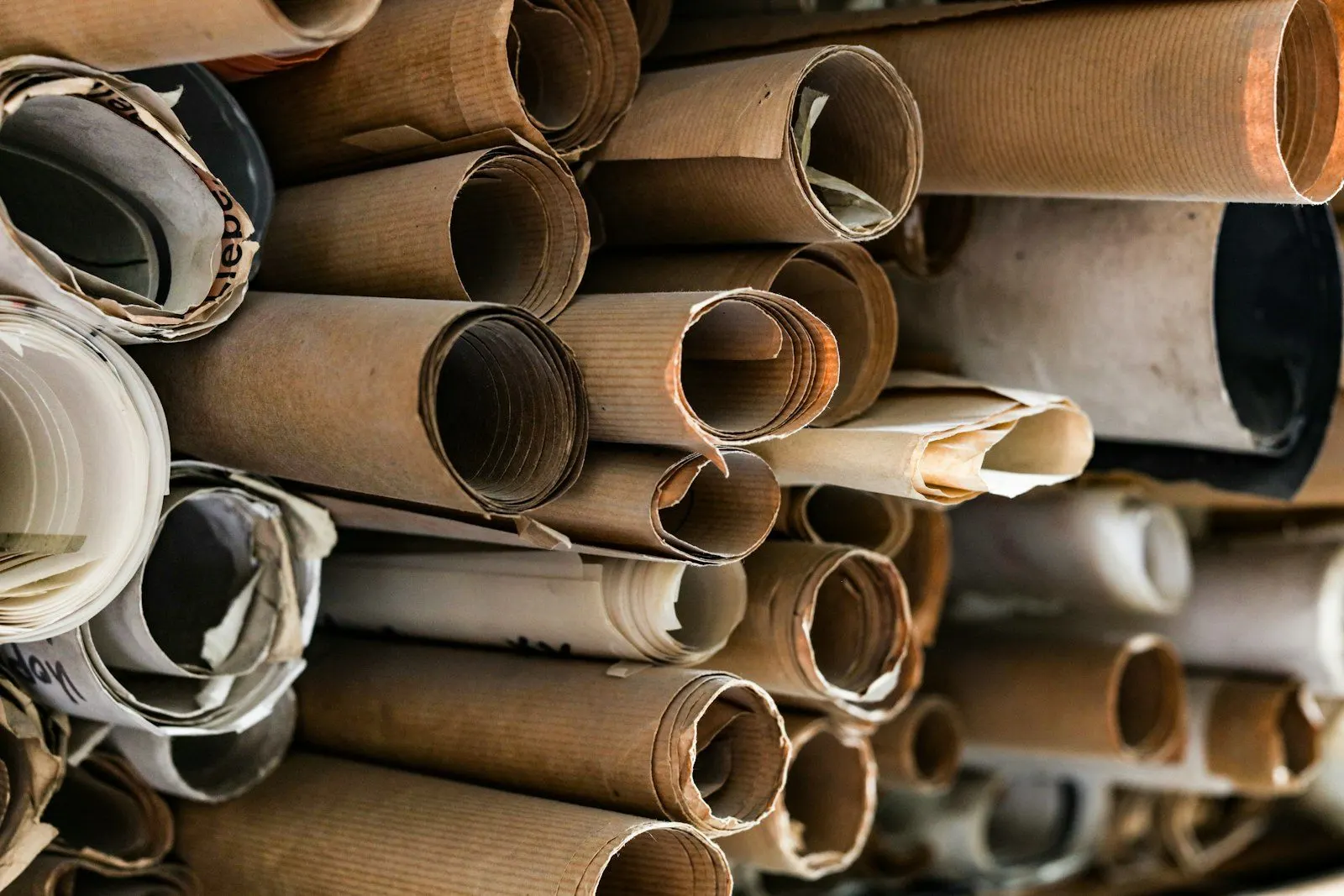 Rollos de planos de construcción apilados